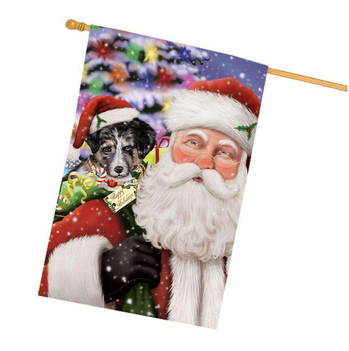 Jolly Old Saint Nick Santa Holding Australian Shepherds Dog and Happy Holiday Gifts House Flag