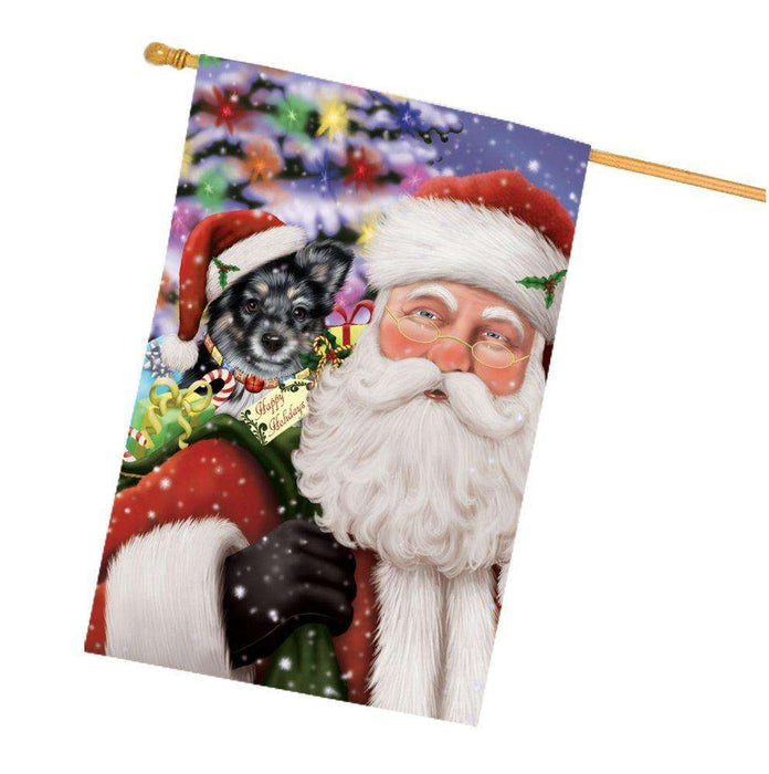 Jolly Old Saint Nick Santa Holding Australian Shepherds Dog and Happy Holiday Gifts House Flag