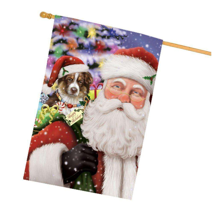 Jolly Old Saint Nick Santa Holding Australian Shepherds Dog and Happy Holiday Gifts House Flag