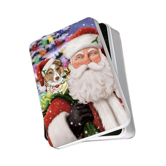 Jolly Old Saint Nick Santa Holding Australian Shepherds Dog and Happy Holiday Gifts Photo Storage Tin