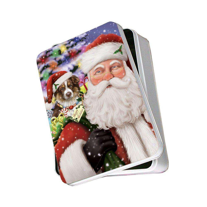 Jolly Old Saint Nick Santa Holding Australian Shepherds Dog and Happy Holiday Gifts Photo Storage Tin