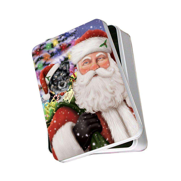 Jolly Old Saint Nick Santa Holding Australian Shepherds Dog and Happy Holiday Gifts Photo Storage Tin