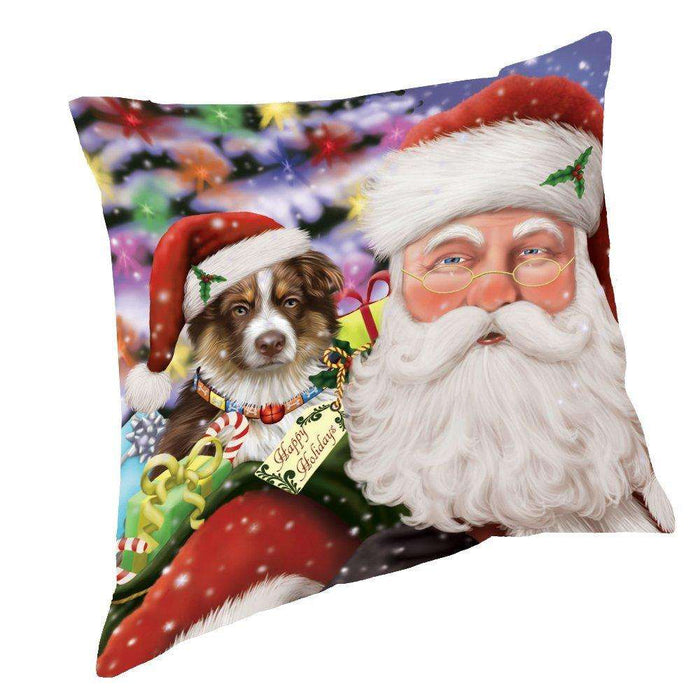 Jolly Old Saint Nick Santa Holding Australian Shepherds Dog and Happy Holiday Gifts Throw Pillow