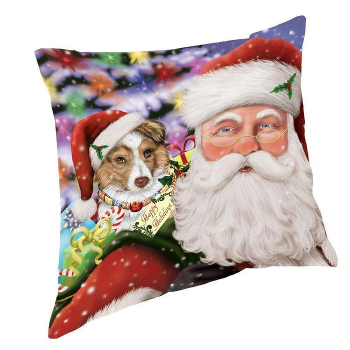 Jolly Old Saint Nick Santa Holding Australian Shepherds Dog and Happy Holiday Gifts Throw Pillow