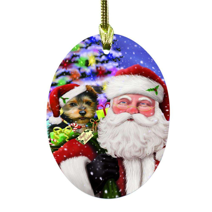 Jolly Old Saint Nick Santa Holding Australian Terrier Dog and Happy Holiday Gifts Oval Glass Christmas Ornament OGOR48809