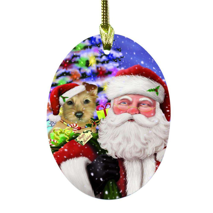 Jolly Old Saint Nick Santa Holding Australian Terrier Dog and Happy Holiday Gifts Oval Glass Christmas Ornament OGOR48810