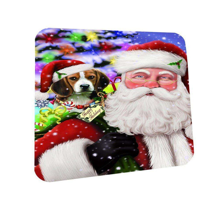 Jolly Old Saint Nick Santa Holding Beagles Dog and Happy Holiday Gifts Coasters Set of 4