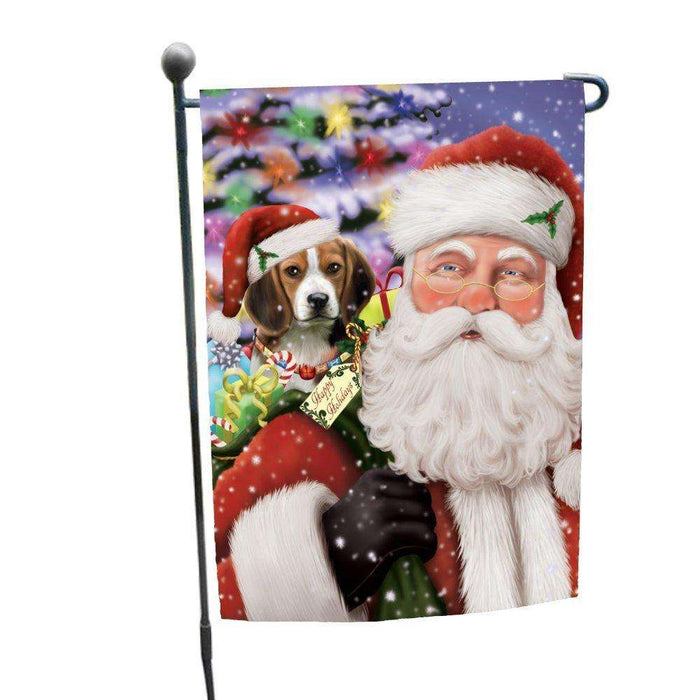 Jolly Old Saint Nick Santa Holding Beagles Dog and Happy Holiday Gifts Garden Flag