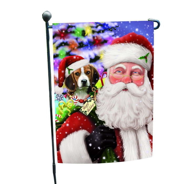 Jolly Old Saint Nick Santa Holding Beagles Dog and Happy Holiday Gifts Garden Flag