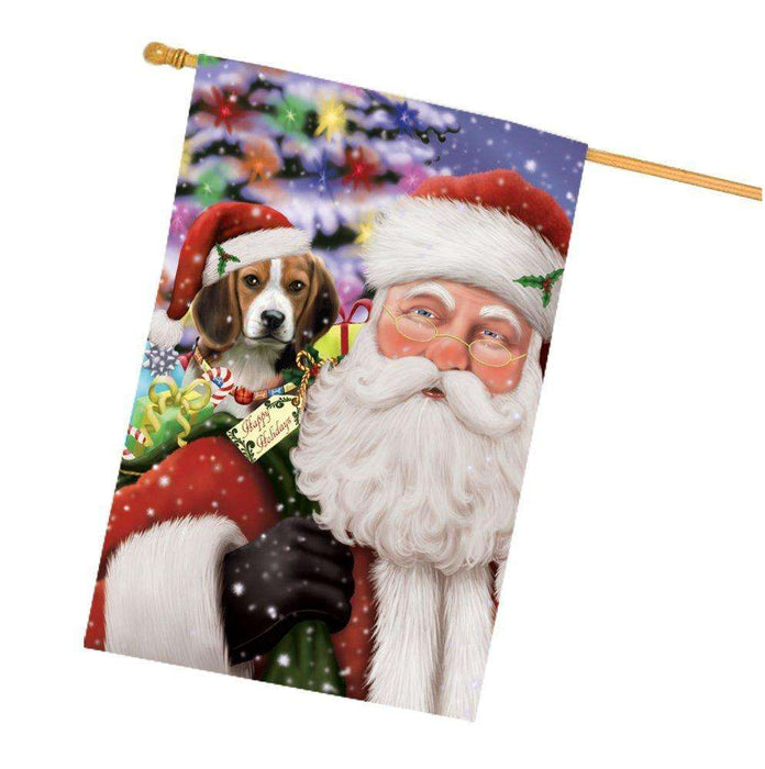 Jolly Old Saint Nick Santa Holding Beagles Dog and Happy Holiday Gifts House Flag