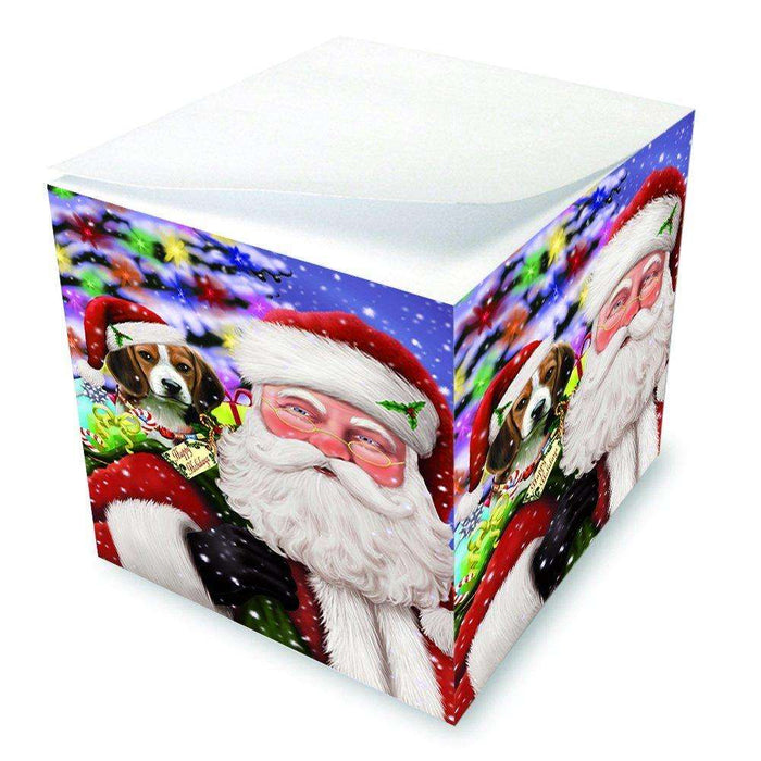Jolly Old Saint Nick Santa Holding Beagles Dog and Happy Holiday Gifts Note Cube D204