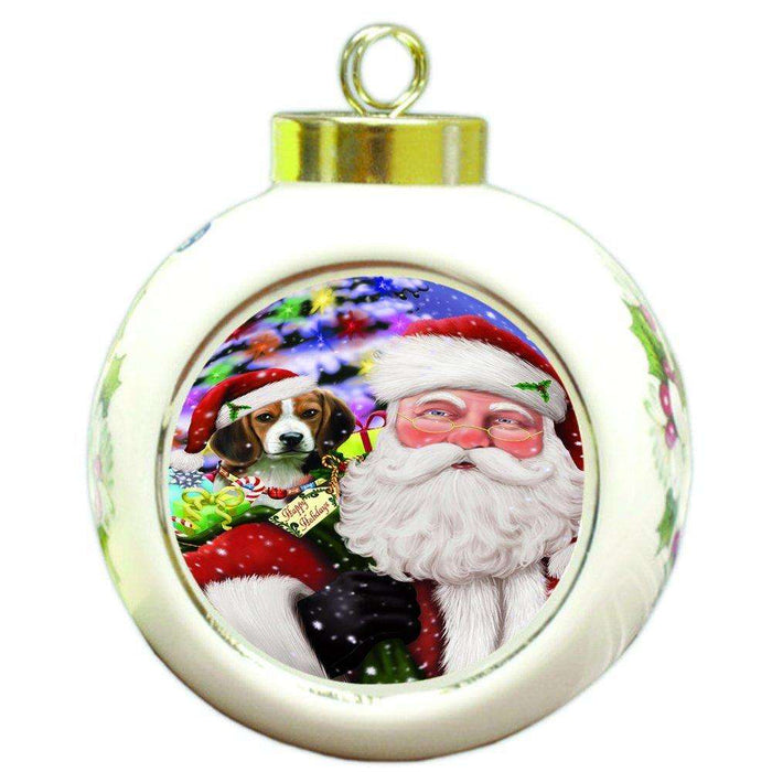 Jolly Old Saint Nick Santa Holding Beagles Dog and Happy Holiday Gifts Round Ball Christmas Ornament D174