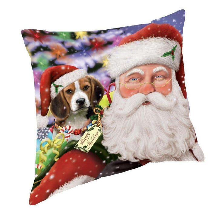 Jolly Old Saint Nick Santa Holding Beagles Dog and Happy Holiday Gifts Throw Pillow