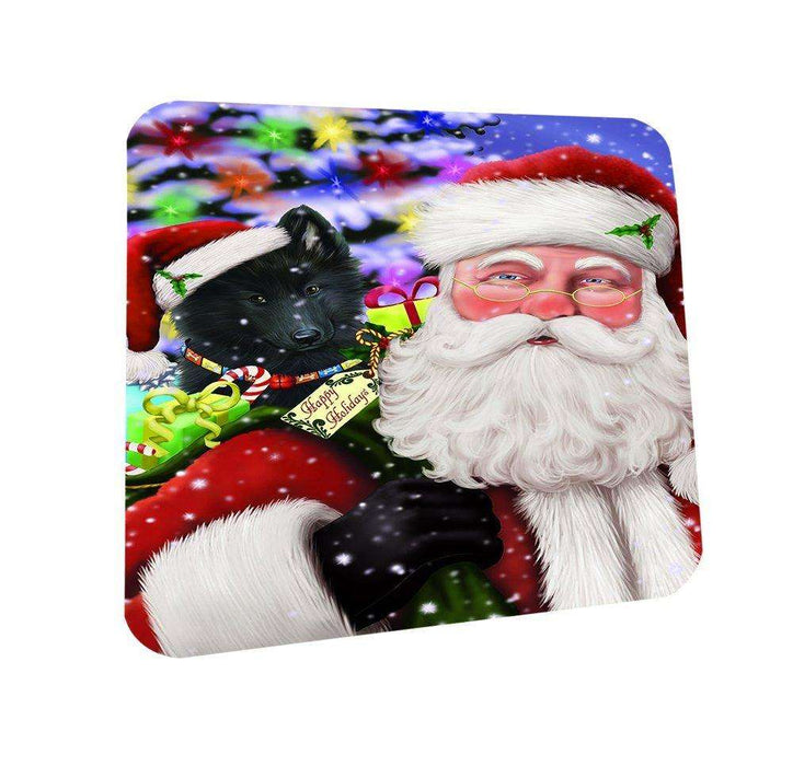 Jolly Old Saint Nick Santa Holding Belgian Shepherds Dog and Happy Holiday Gifts Coasters Set of 4