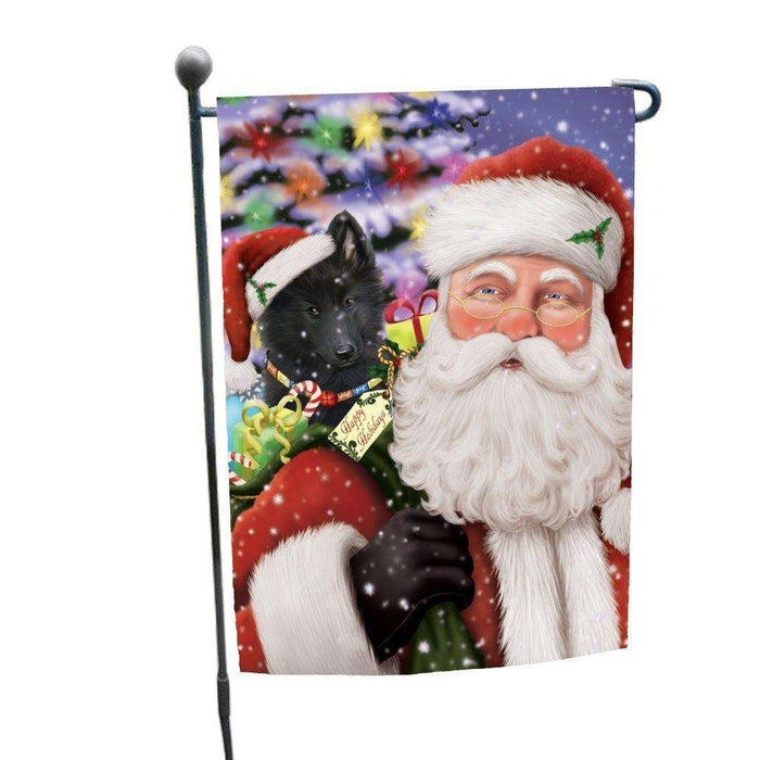 Jolly Old Saint Nick Santa Holding Belgian Shepherds Dog and Happy Holiday Gifts Garden Flag