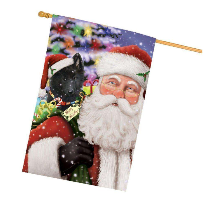 Jolly Old Saint Nick Santa Holding Belgian Shepherds Dog and Happy Holiday Gifts House Flag