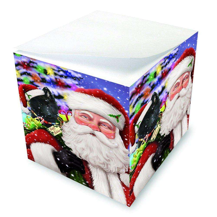 Jolly Old Saint Nick Santa Holding Belgian Shepherds Dog and Happy Holiday Gifts Note Cube D205