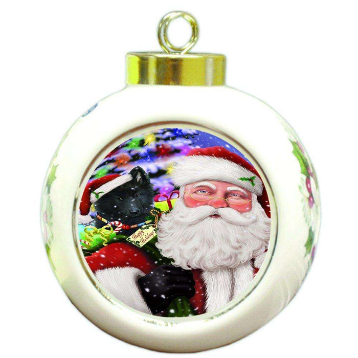 Jolly Old Saint Nick Santa Holding Belgian Shepherds Dog and Happy Holiday Gifts Round Ball Christmas Ornament D175