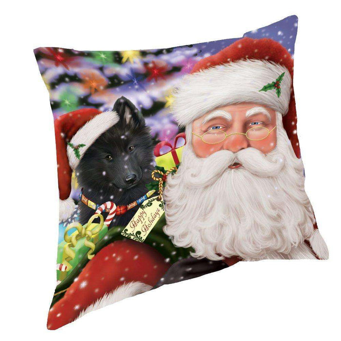 Jolly Old Saint Nick Santa Holding Belgian Shepherds Dog and Happy Holiday Gifts Throw Pillow