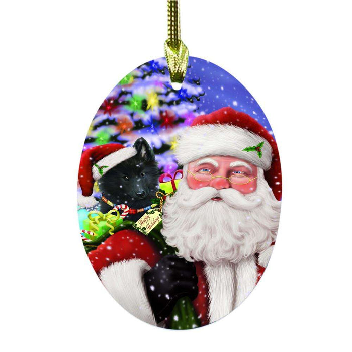 Jolly Old Saint Nick Santa Holding Belgian Shepherd Dog and Happy Holiday Gifts Oval Glass Christmas Ornament OGOR48812