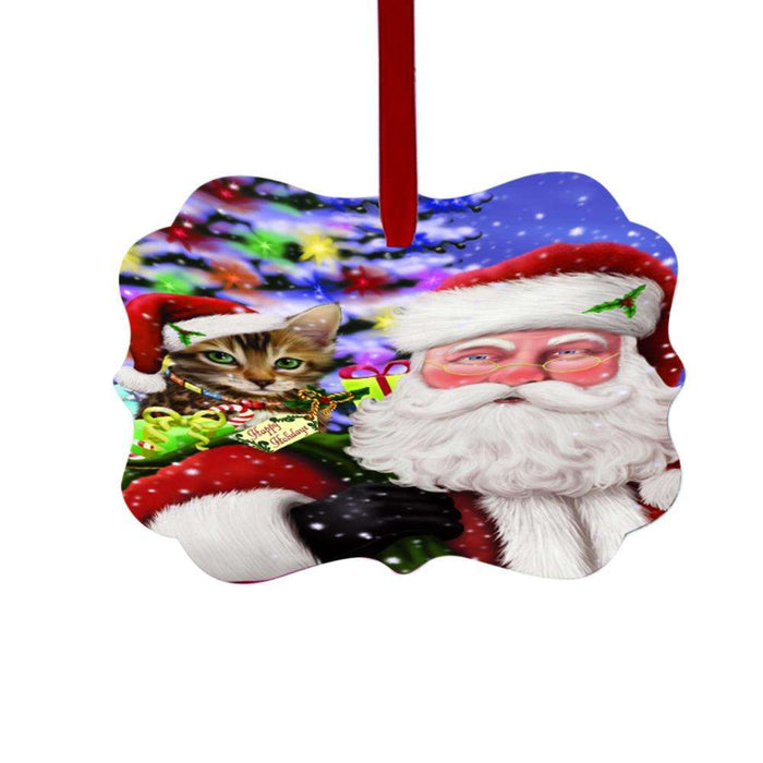 Jolly Old Saint Nick Santa Holding Bengal Cat and Holiday Gifts Double-Sided Photo Benelux Christmas Ornament LOR48813