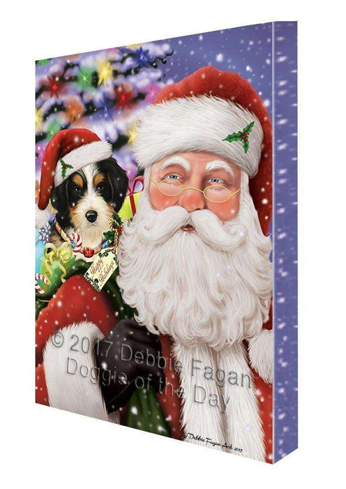 Jolly Old Saint Nick Santa Holding Bernedoodle Dog and Happy Holiday Gifts Canvas Wall Art