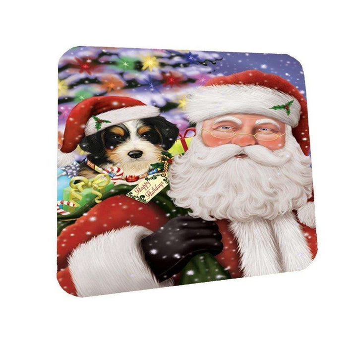 Jolly Old Saint Nick Santa Holding Bernedoodle Dog and Happy Holiday Gifts Coasters Set of 4
