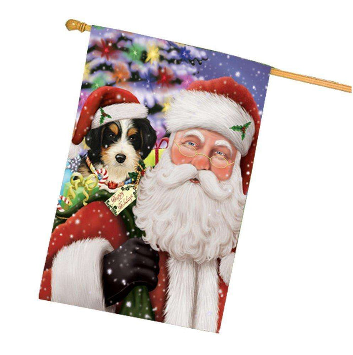 Jolly Old Saint Nick Santa Holding Bernedoodle Dog and Happy Holiday Gifts House Flag