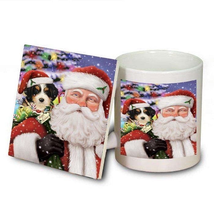 Jolly Old Saint Nick Santa Holding Bernedoodle Dog and Happy Holiday Gifts Mug and Coaster Set