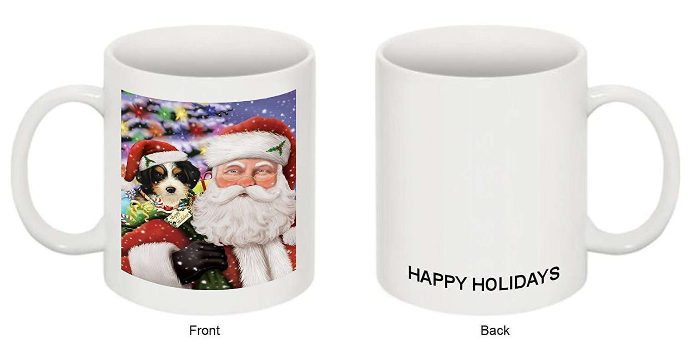 Jolly Old Saint Nick Santa Holding Bernedoodle Dog and Happy Holiday Gifts Mug