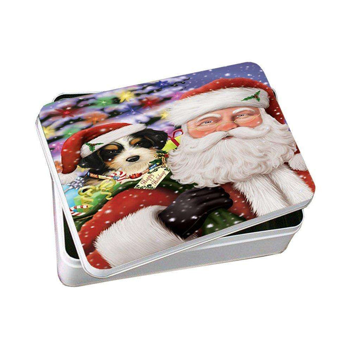 Jolly Old Saint Nick Santa Holding Bernedoodle Dog and Happy Holiday Gifts Photo Storage Tin