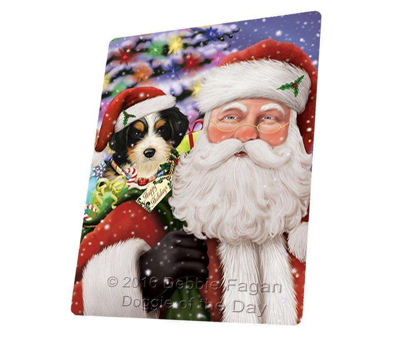 Jolly Old Saint Nick Santa Holding Bernedoodle Dog and Happy Holiday Gifts Tempered Cutting Board