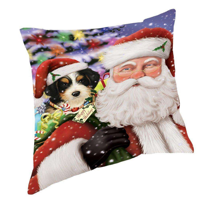 Jolly Old Saint Nick Santa Holding Bernedoodle Dog and Happy Holiday Gifts Throw Pillow