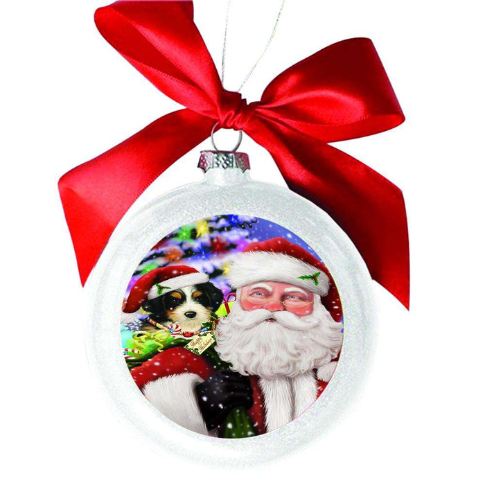 Jolly Old Saint Nick Santa Holding Bernedoodle Dog and Happy Holiday Gifts White Round Ball Christmas Ornament WBSOR48816