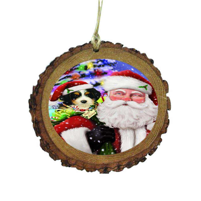 Jolly Old Saint Nick Santa Holding Bernedoodle Dog and Happy Holiday Gifts Wooden Christmas Ornament WOR48816