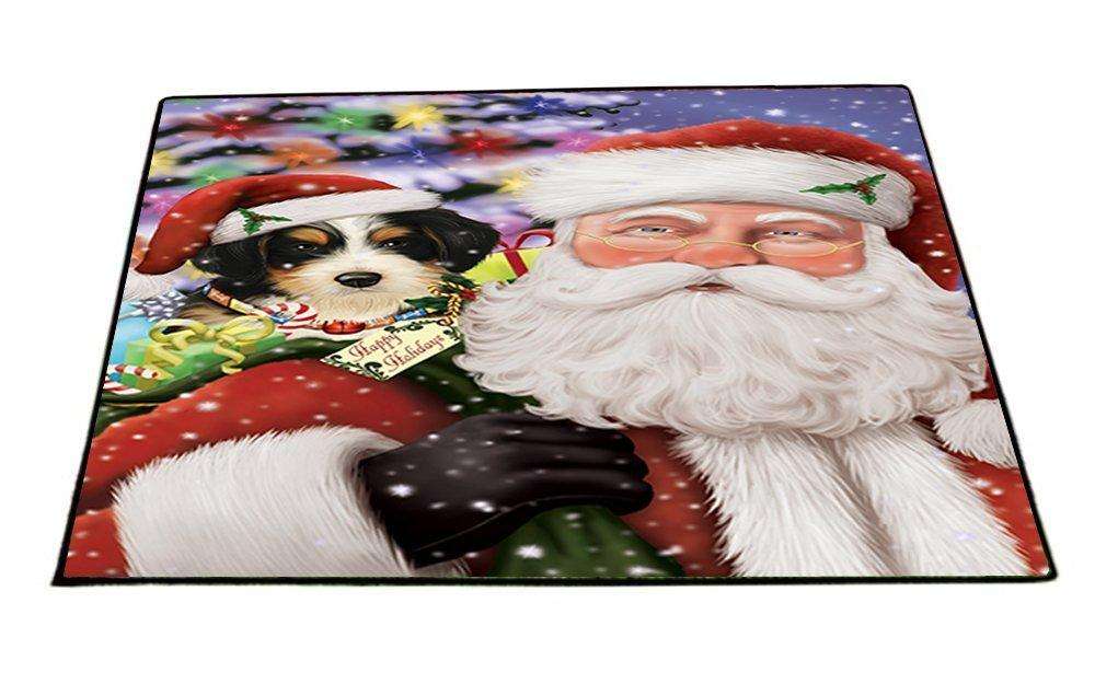 Jolly Old Saint Nick Santa Holding Bernedoodle Dog Christmas Holiday Presents Indoor/Outdoor Floormat