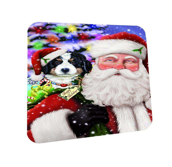 Jolly Old Saint Nick Santa Holding Bernese Dog and Happy Holiday Gifts Coasters Set of 4