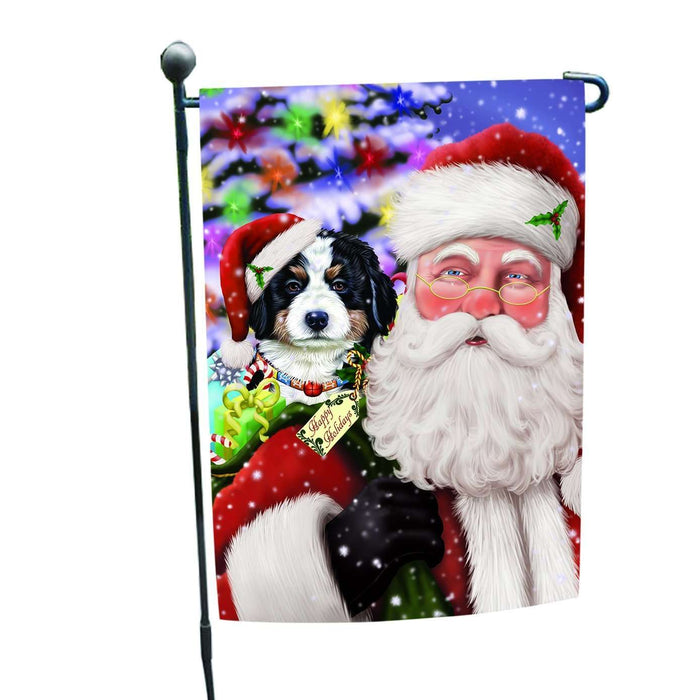 Jolly Old Saint Nick Santa Holding Bernese Dog and Happy Holiday Gifts Garden Flag