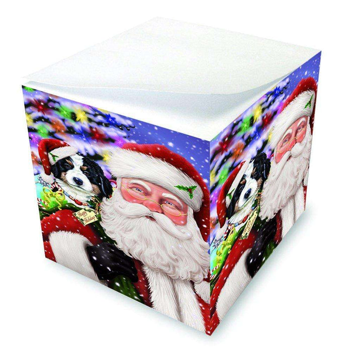 Jolly Old Saint Nick Santa Holding Bernese Dog and Happy Holiday Gifts Note Cube D206