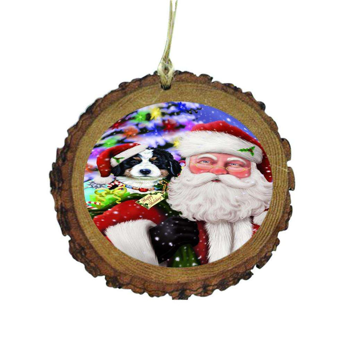 Jolly Old Saint Nick Santa Holding Bernese Dog and Happy Holiday Gifts Wooden Christmas Ornament WOR48817