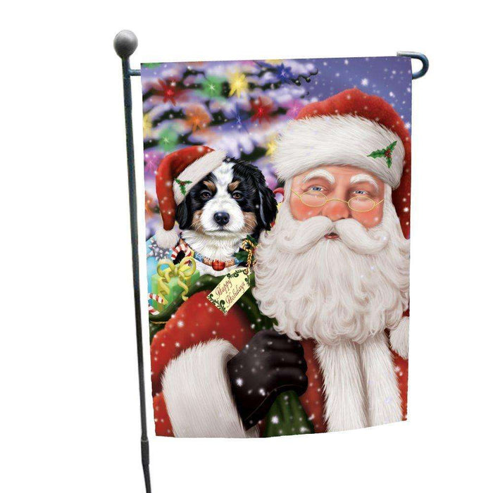 Jolly Old Saint Nick Santa Holding Bernese Mountain Dog and Happy Holiday Gifts Garden Flag