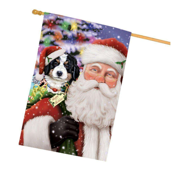 Jolly Old Saint Nick Santa Holding Bernese Mountain Dog and Happy Holiday Gifts House Flag