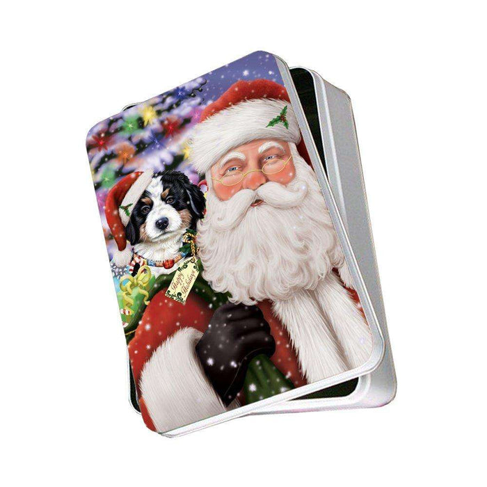 Jolly Old Saint Nick Santa Holding Bernese Mountain Dog and Happy Holiday Gifts Photo Storage Tin