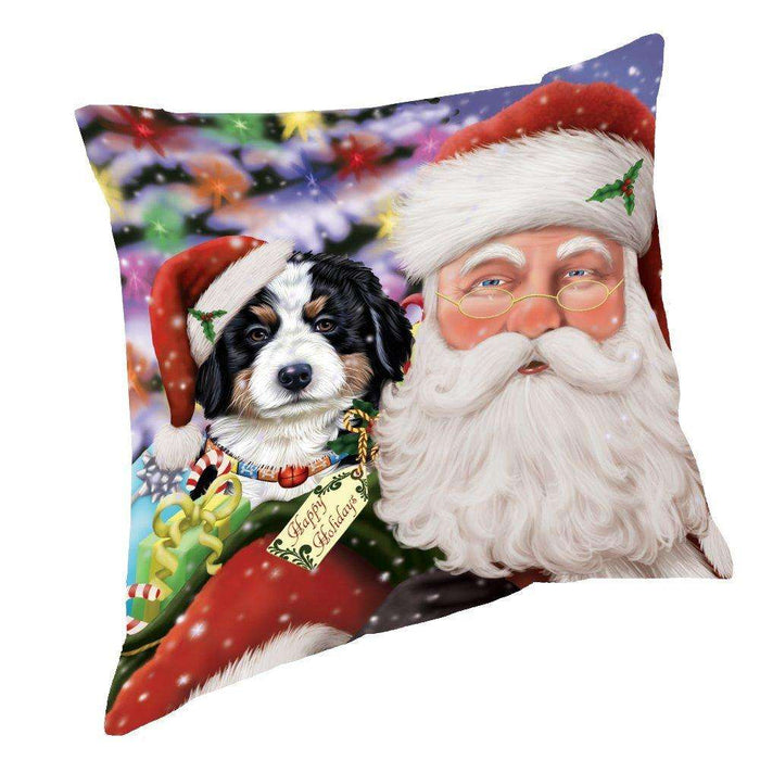 Jolly Old Saint Nick Santa Holding Bernese Mountain Dog and Happy Holiday Gifts Throw Pillow