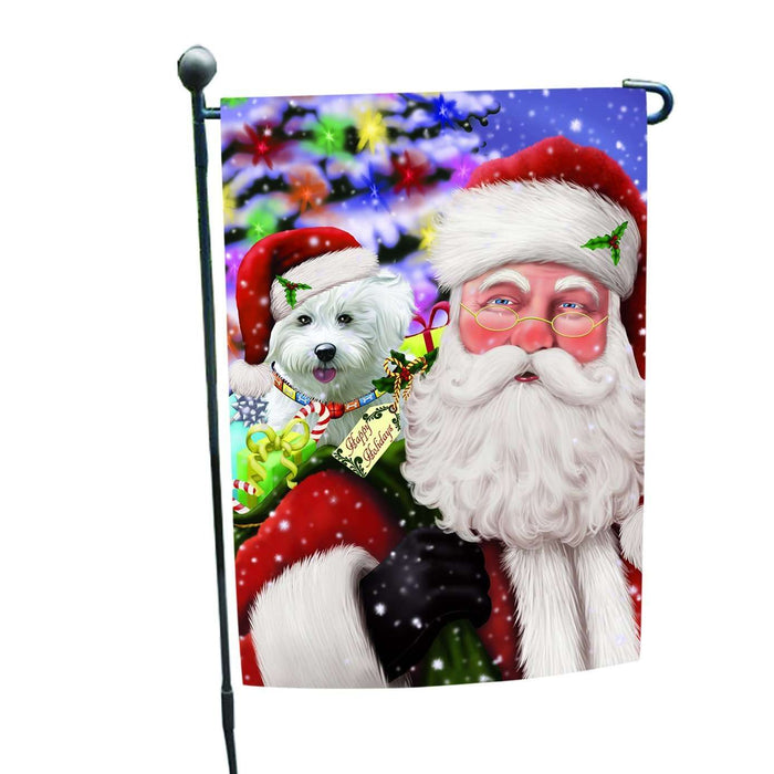 Jolly Old Saint Nick Santa Holding Bichon Dog and Happy Holiday Gifts Garden Flag