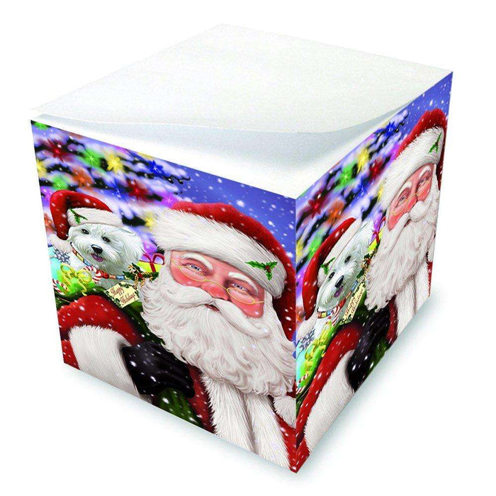 Jolly Old Saint Nick Santa Holding Bichon Dog and Happy Holiday Gifts Note Cube D207