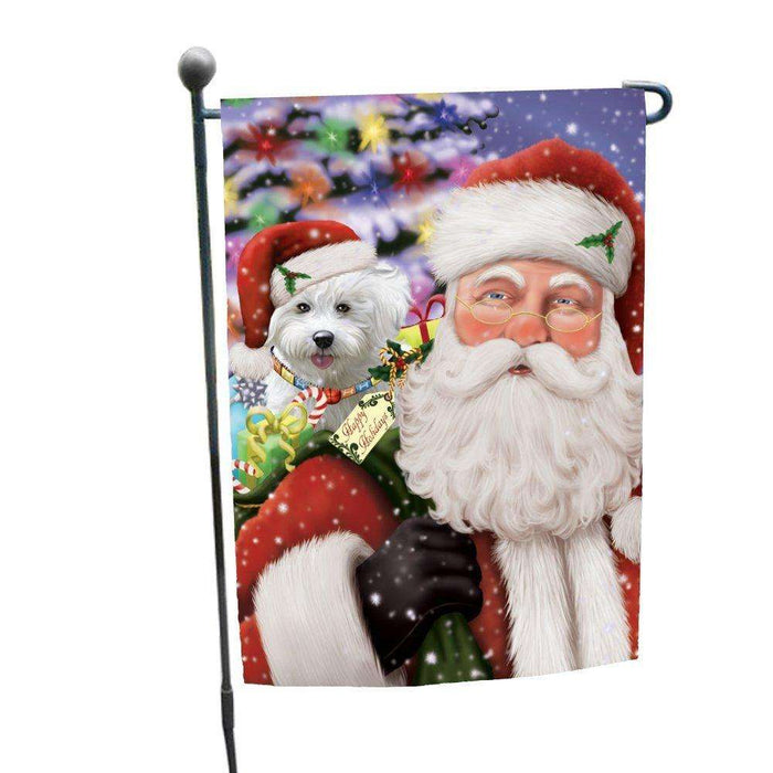 Jolly Old Saint Nick Santa Holding Bichon Frise Dog and Happy Holiday Gifts Garden Flag