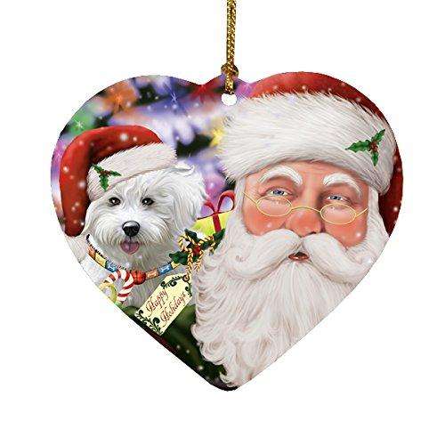 Jolly Old Saint Nick Santa Holding Bichon Frise Dog and Happy Holiday Gifts Heart Christmas Ornament