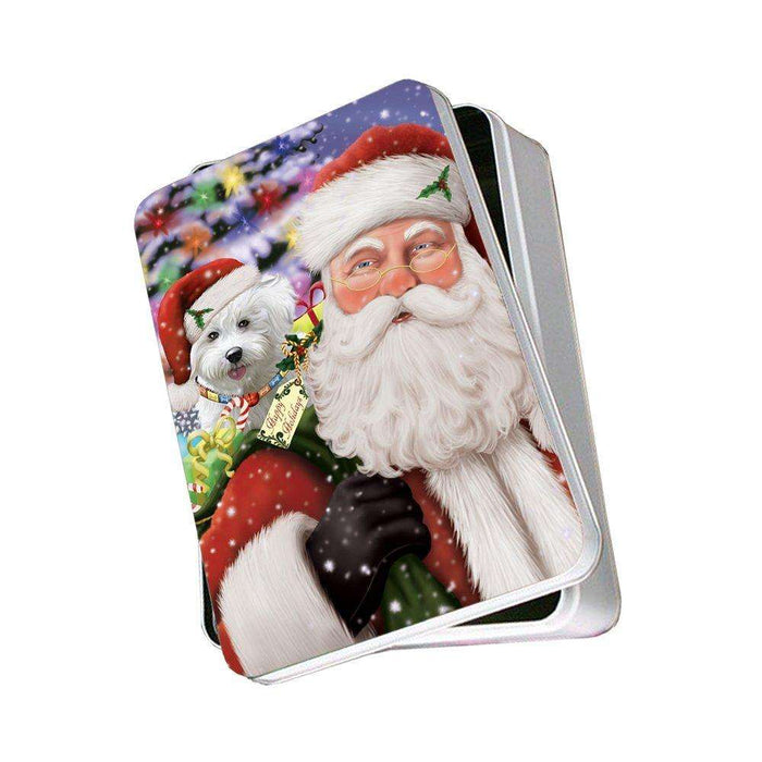 Jolly Old Saint Nick Santa Holding Bichon Frise Dog and Happy Holiday Gifts Photo Storage Tin
