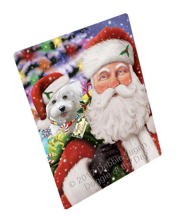 Jolly Old Saint Nick Santa Holding Bichon Frise Dog and Happy Holiday Gifts Tempered Cutting Board